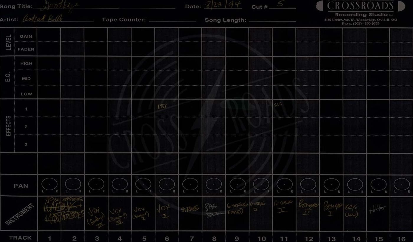 Crossroads Studio track sheet for "Goodbye"