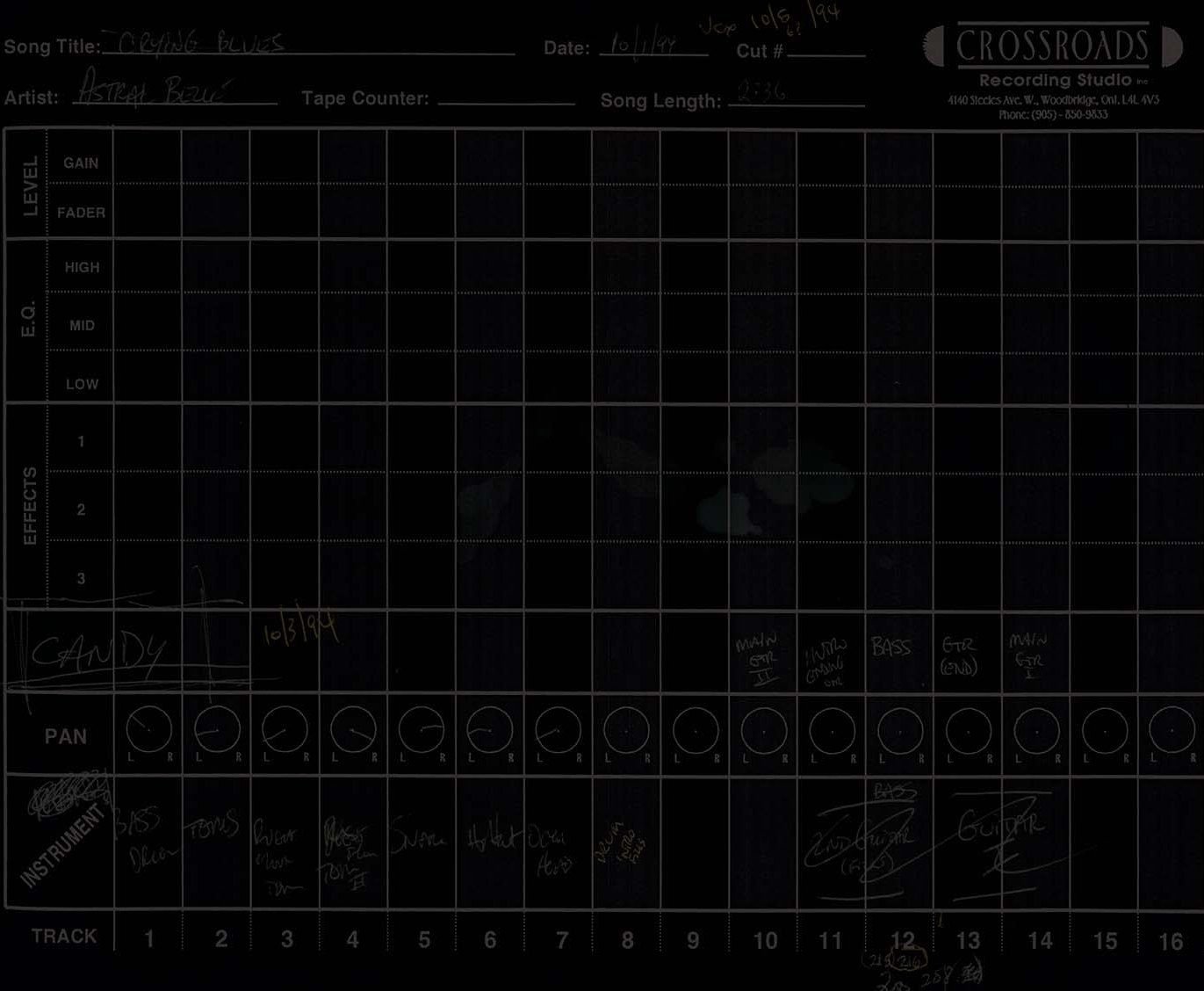 Crossroads Studio track sheet for "This Little Heart"